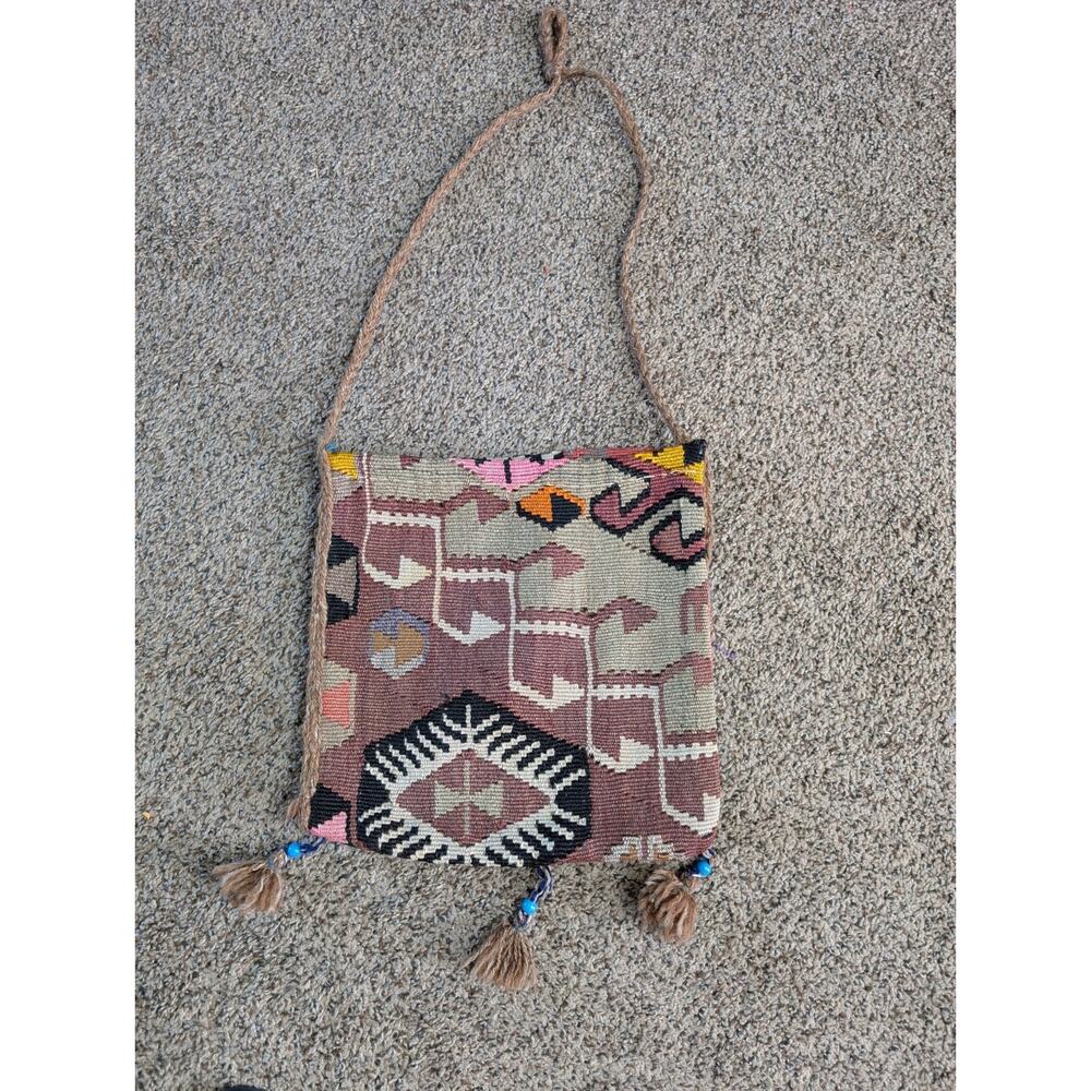 “VNTG, Handmade Kilim Wool Shoulder Bag Tribal Boho Crossbody Purse w/ Tassels